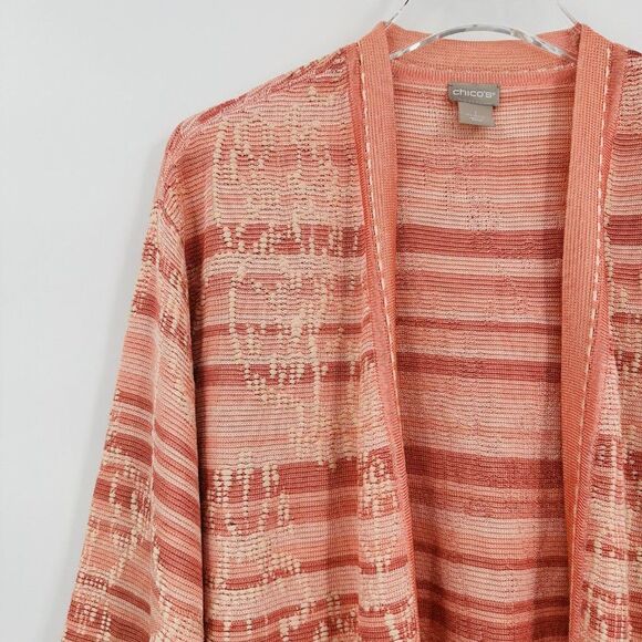 Chico's Size 1 Medium Pink Striped Open Front Embroidered Cardigan Sweater - Picture 4 of 8